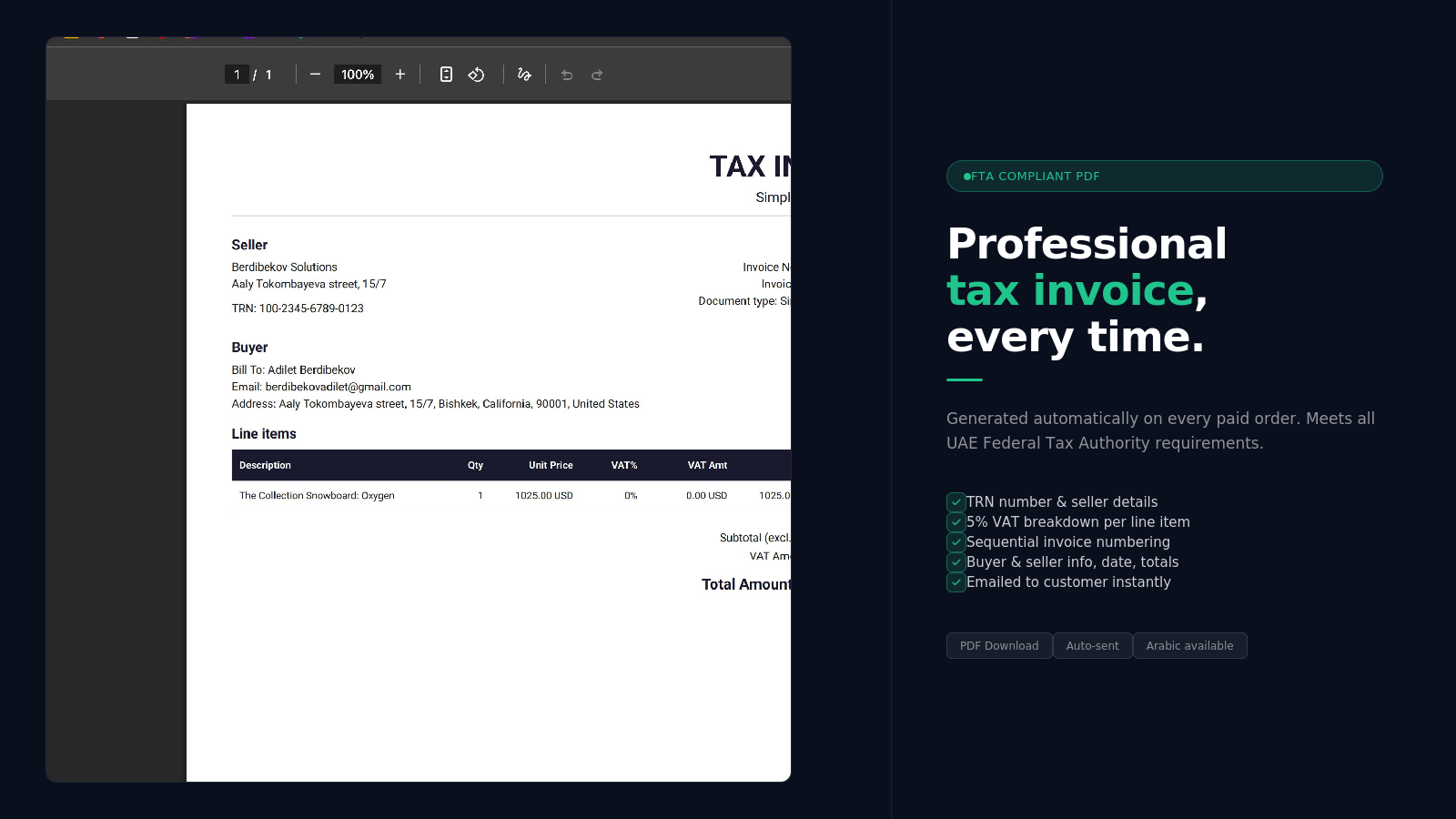 FTA-compliant PDF tax invoice with TRN and 5% VAT breakdown, auto-generated by Fatura Go for a Shopify order