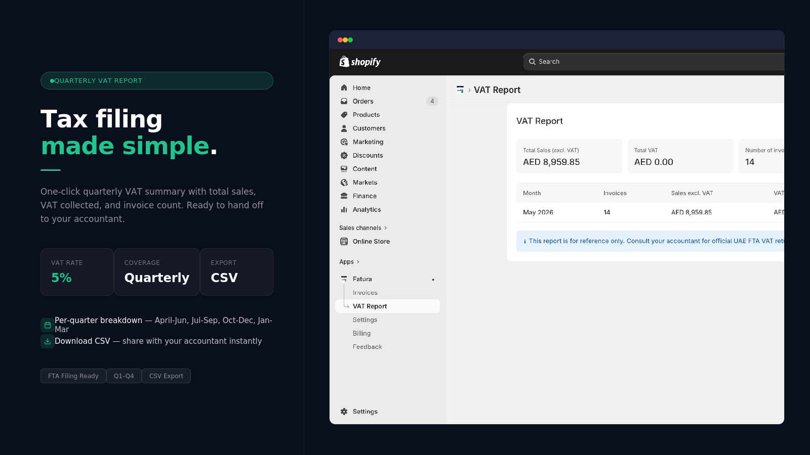 Quarterly VAT report in the Fatura Go Shopify app with CSV export for accountants