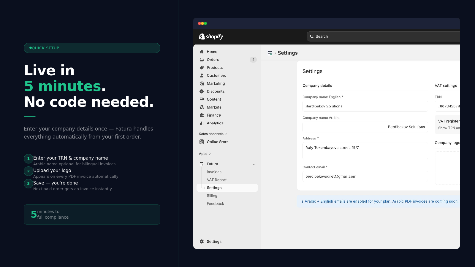 Fatura Go Shopify app settings screen for business details and TRN setup